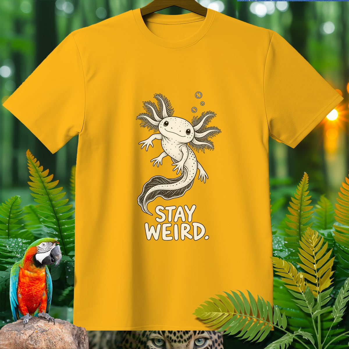 Yellow t-shirt with a white axolotl graphic and "STAY WEIRD" text.
