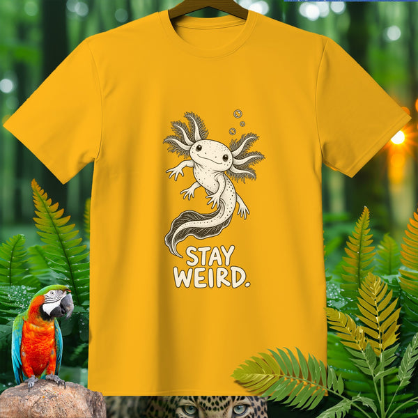 Yellow t-shirt with a white axolotl graphic and "STAY WEIRD" text.