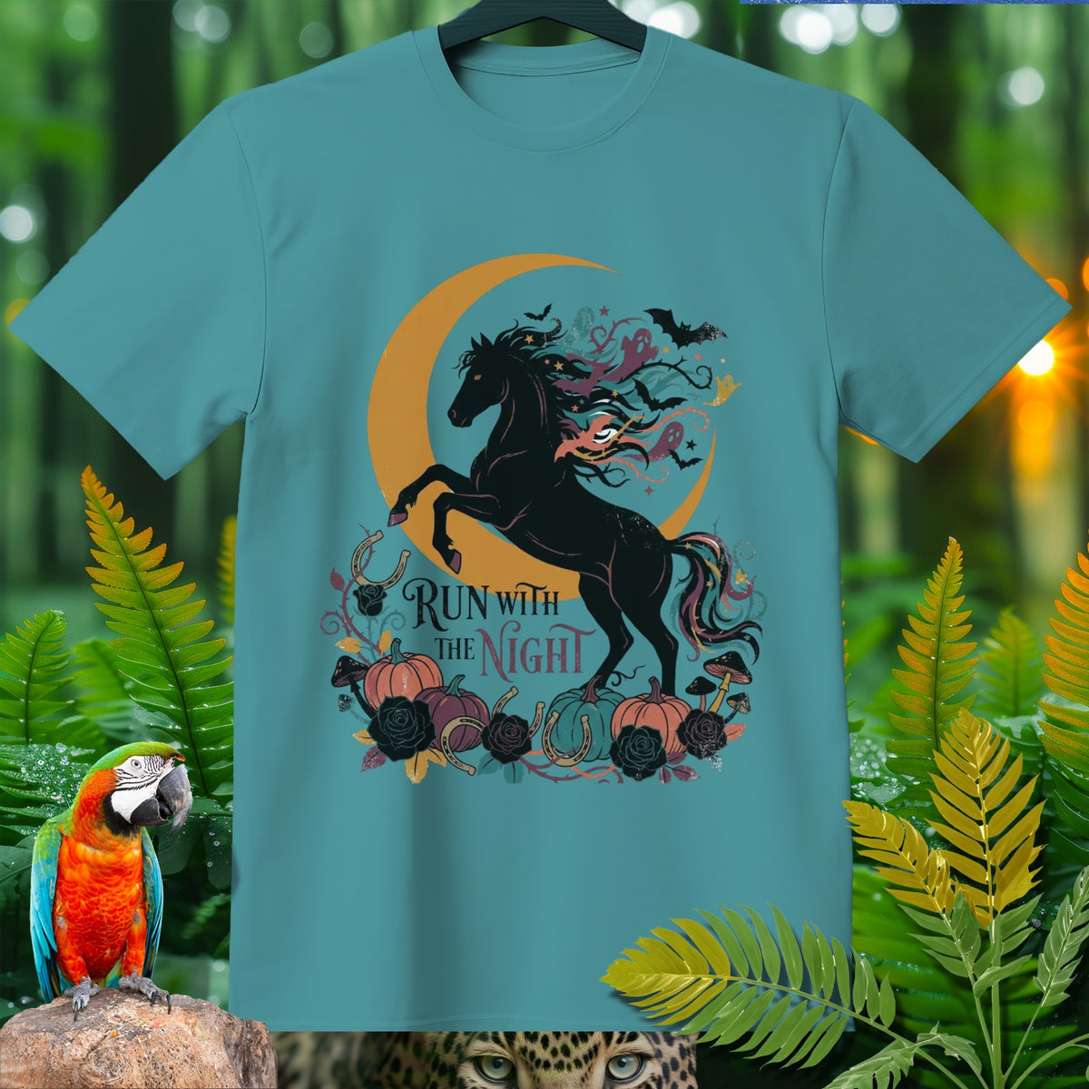 Teal t-shirt with black horse, moon, bats, ghosts, pumpkins, roses, and "Run With The Night" text.