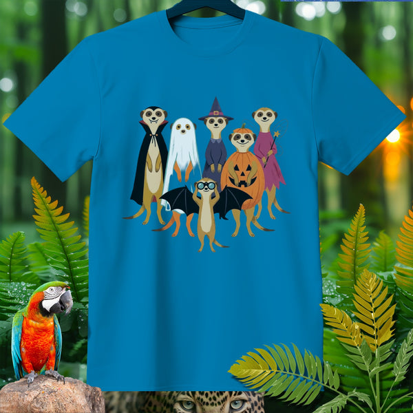 Six meerkats in Halloween costumes: vampire, ghost, witch, pumpkin, fairy, and bat.