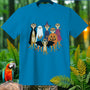 Six meerkats in Halloween costumes: vampire, ghost, witch, pumpkin, fairy, and bat.