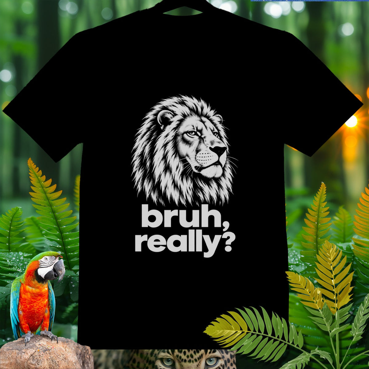 Black t-shirt with a lion graphic and text "bruh, really?".