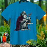 Gorilla in vampire cape drinks coffee with a bat at a table.