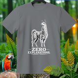 Grey t-shirt with a white illustration of a llama and text 