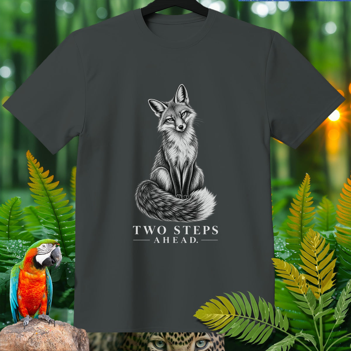 Dark gray t-shirt with a black and white fox illustration and text "TWO STEPS AHEAD."