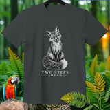 Dark gray t-shirt with a black and white fox illustration and text 