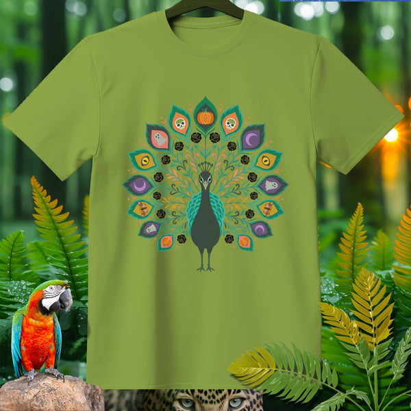 Green t-shirt with a peacock design featuring Halloween-themed icons.