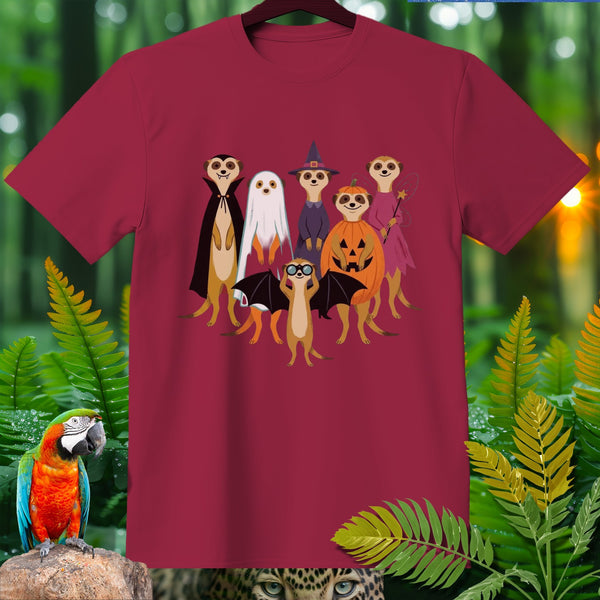 Six meerkats dressed in Halloween costumes on a maroon t-shirt.