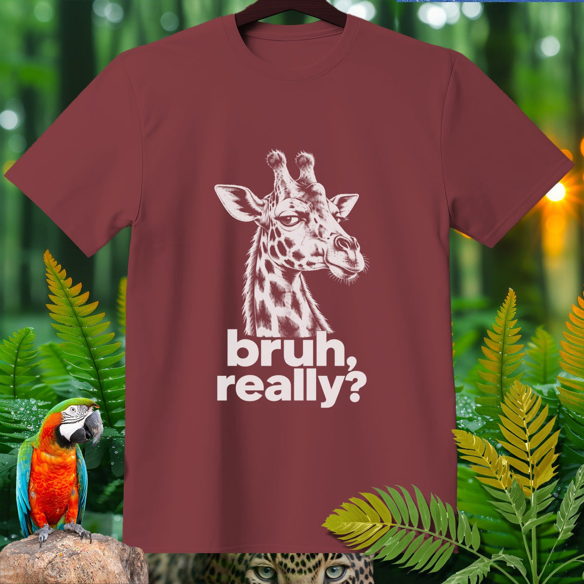 Maroon t-shirt with a white distressed giraffe graphic and "bruh, really?" text.