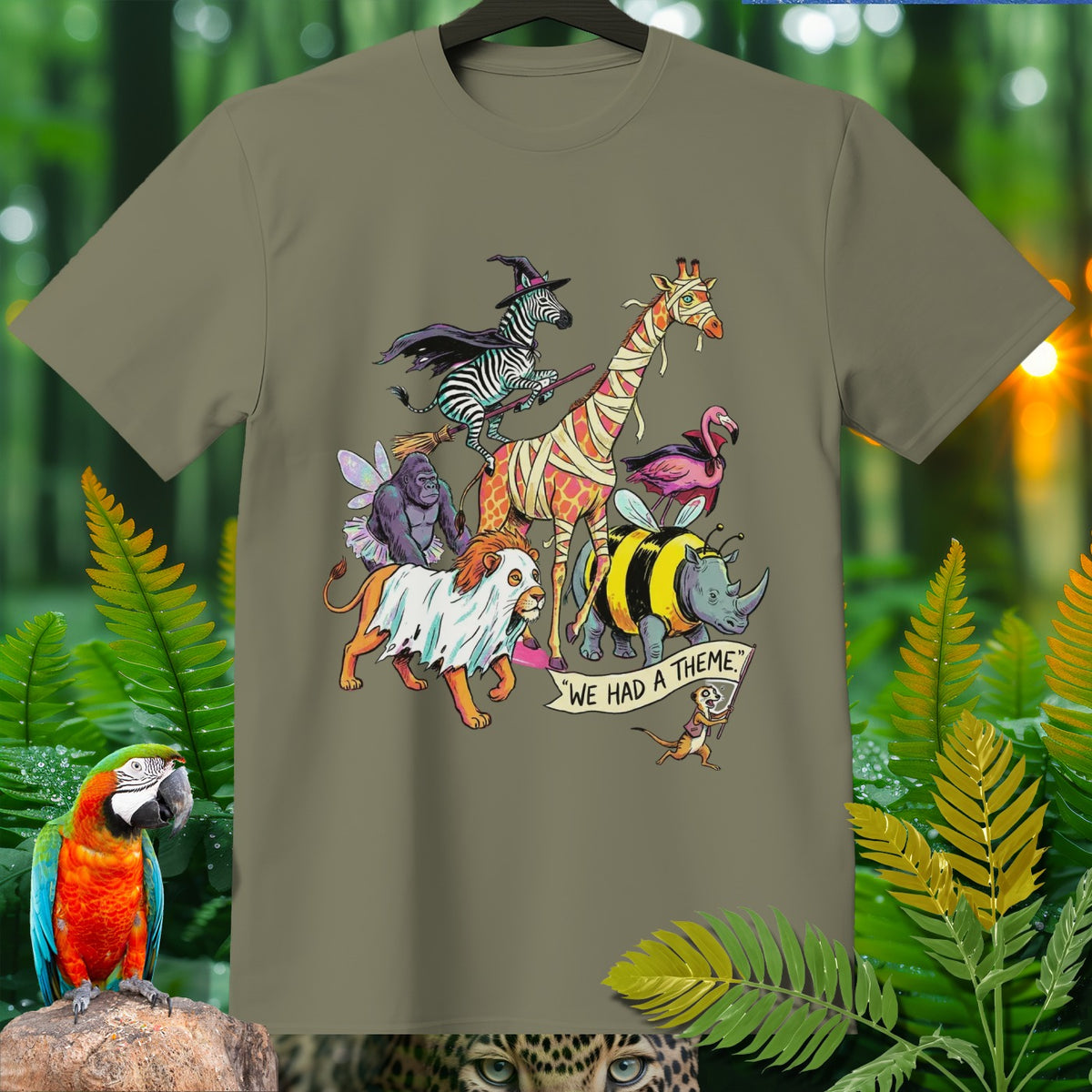 Halloween-themed animals parade on a t-shirt, with text "We Had a Theme".