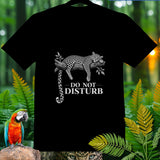 Black t-shirt with a resting leopard and text 