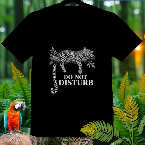 Black t-shirt with a resting leopard and text "DO NOT DISTURB".