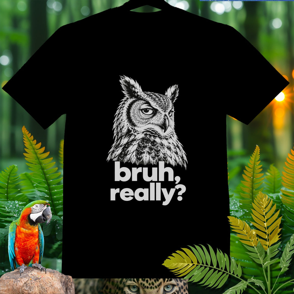 Black t-shirt with a detailed owl graphic and "bruh, really?" text.
