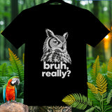 Black t-shirt with a detailed owl graphic and 