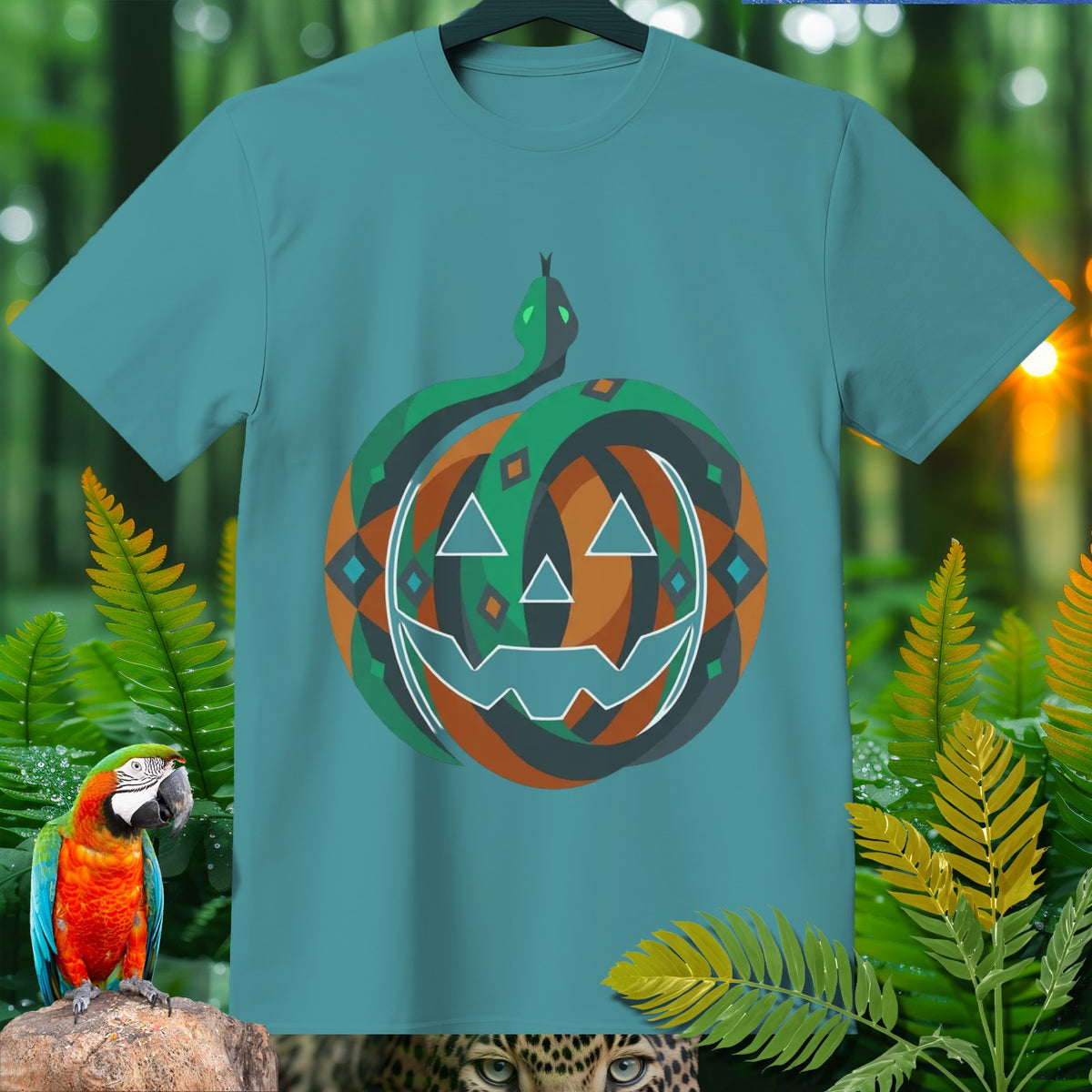 Teal t-shirt with jack-o'-lantern and snake graphic and jungle background.