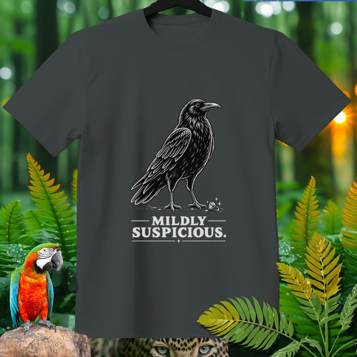 Dark grey t-shirt with a black crow graphic and text "MILDLY SUSPICIOUS."