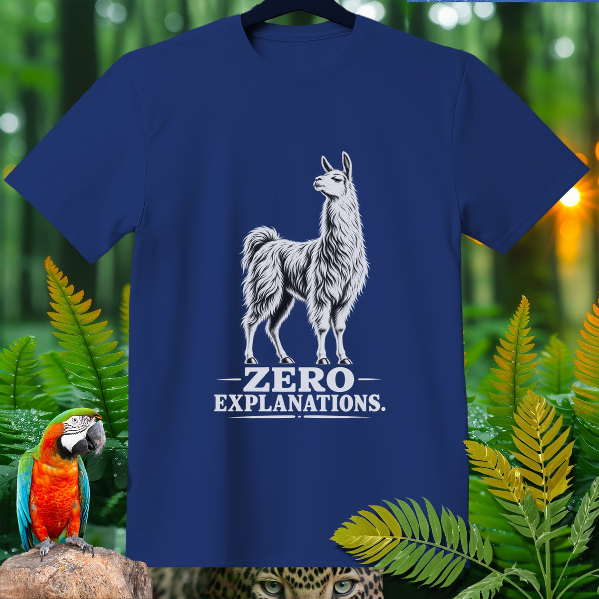 Navy blue t-shirt with a white llama graphic and text "ZERO EXPLANATIONS."