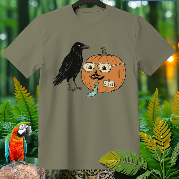 Raven and a pumpkin named Steve with glasses and a tie on a t-shirt.