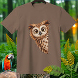 Brown t-shirt with a detailed illustration of an owl peeking from the side.