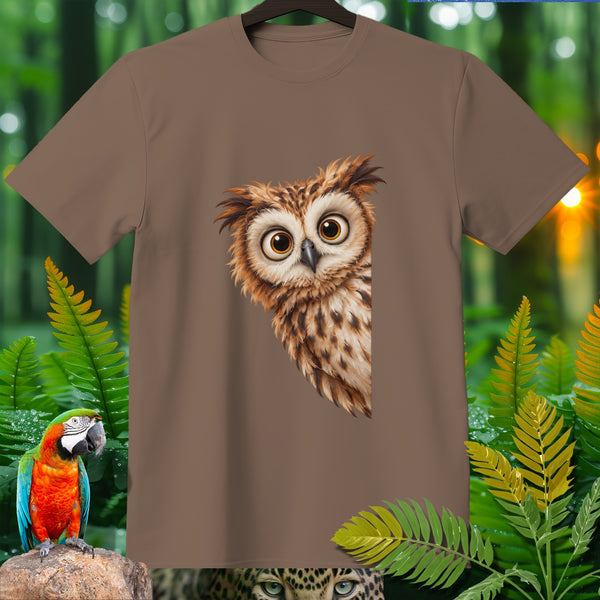 Brown t-shirt with a detailed illustration of an owl peeking from the side.