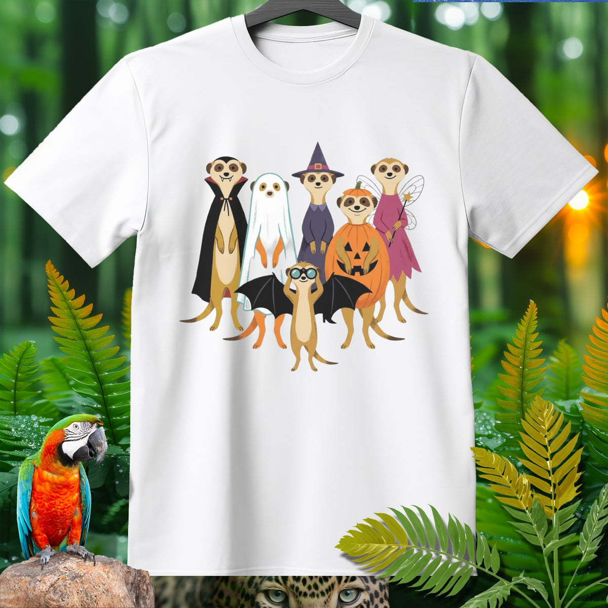 Group of meerkats in Halloween costumes on a white t-shirt.