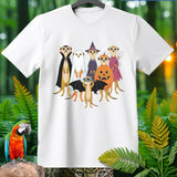 Group of meerkats in Halloween costumes on a white t-shirt.