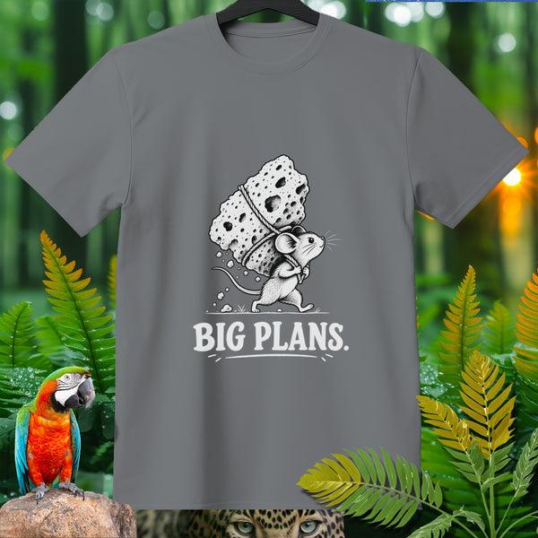 Grey t-shirt with a drawing of a mouse carrying a large piece of cheese and the text "BIG PLANS."