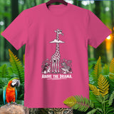 Pink t-shirt with cartoon giraffe above monkeys, rabbit, and zebra; text 