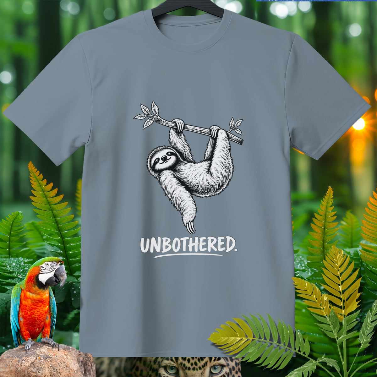 Grey t-shirt with a black and white illustration of a sloth hanging from a branch, text "UNBOTHERED."