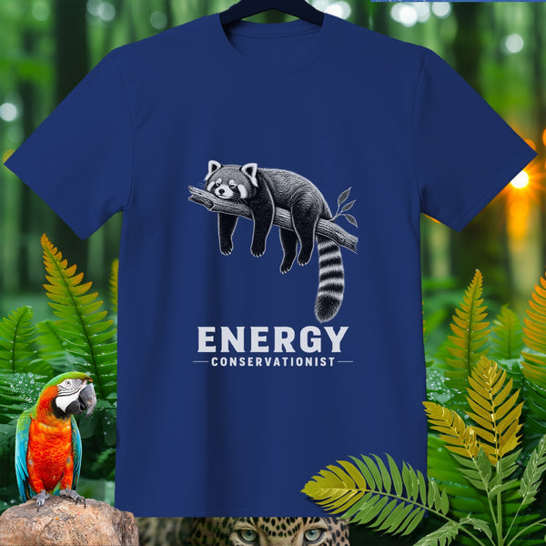 Navy blue t-shirt with red panda design and "ENERGY CONSERVATIONIST" text.