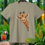 T-shirt with cartoon giraffe face peeking from side, parrot, and leopard eyes.