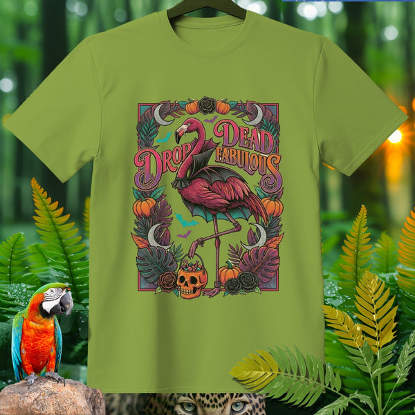 Green t-shirt with a Halloween-themed graphic of a flamingo and text "Dead Fabulous".