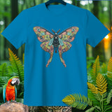 Blue t-shirt with a skeleton and patterned moth design.