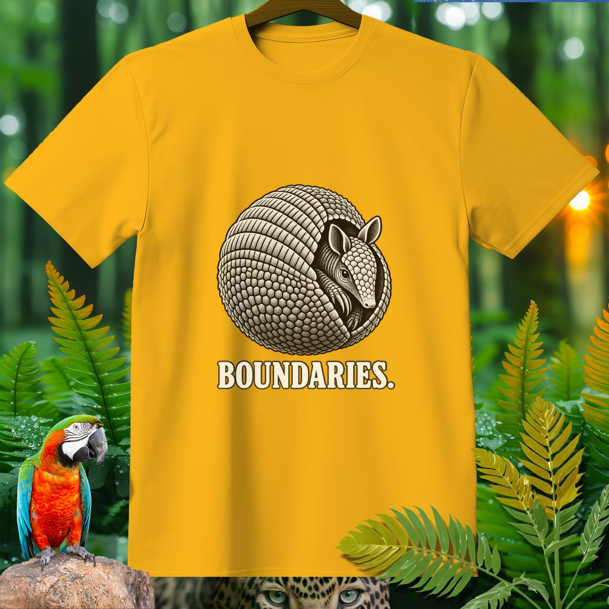 Yellow t-shirt with an armadillo illustration and the text BOUNDARIES.