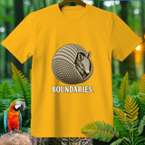 Yellow t-shirt with an armadillo illustration and the text BOUNDARIES.
