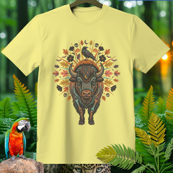 Yellow t-shirt with a stylized bison illustration featuring a raven on its head and autumn elements.
