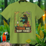 Green t-shirt with Halloween graphic: bear, mouse, pumpkins, bats, and text 