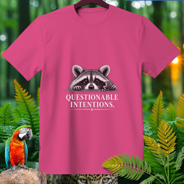 Pink t-shirt with a raccoon peeking over the text "QUESTIONABLE INTENTIONS."
