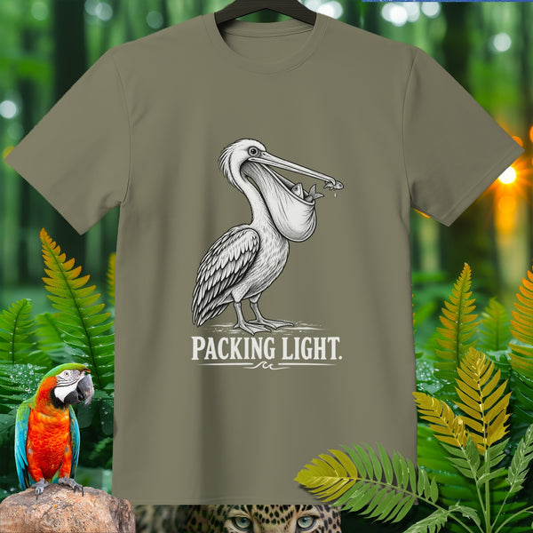 T-shirt with pelican graphic and text "PACKING LIGHT."
