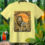 T-shirt with skeleton lion design, moon, bats, and 