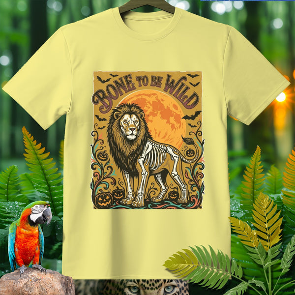 T-shirt with skeleton lion design, moon, bats, and "Bone to be Wild" text.