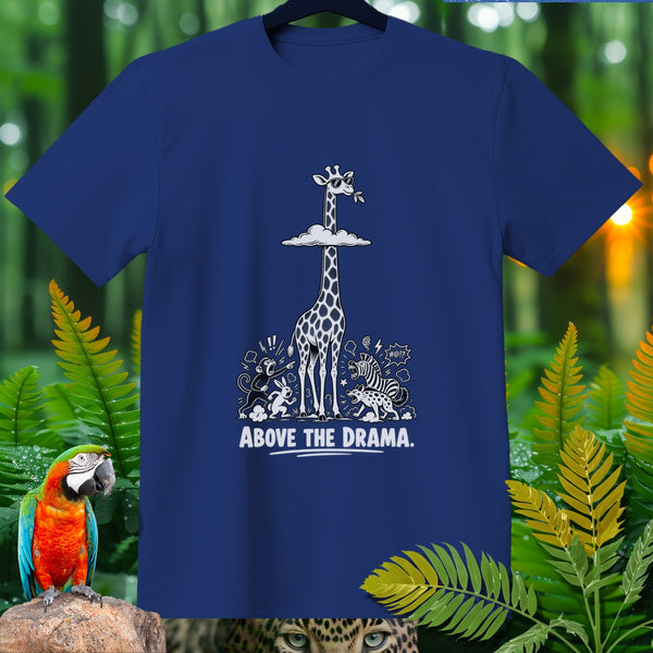 Blue t-shirt with graphic of giraffe above clouds with monkeys and zebra.
