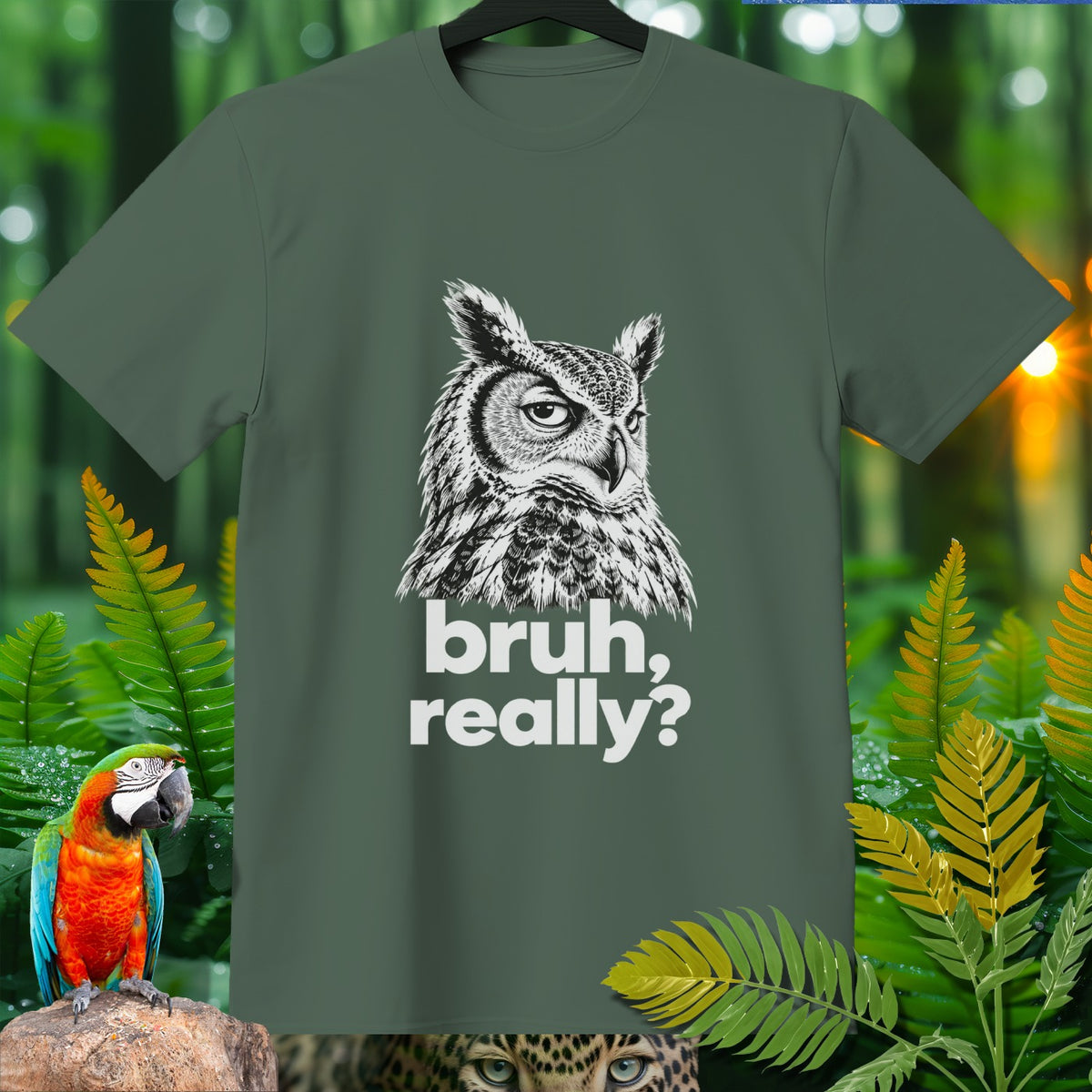 T-shirt with a detailed owl graphic and "bruh, really?" text.