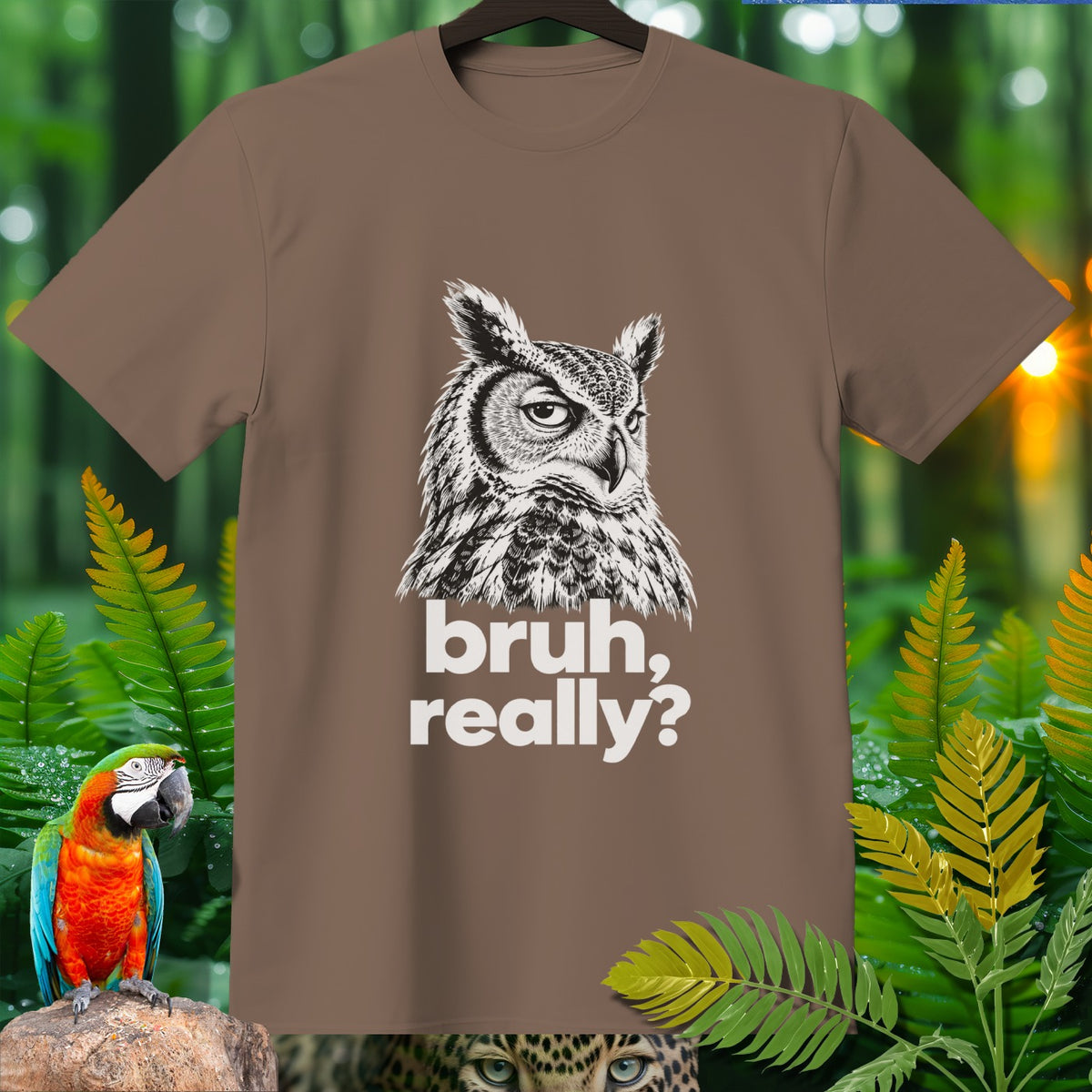 Brown t-shirt with owl graphic and text "bruh, really?"