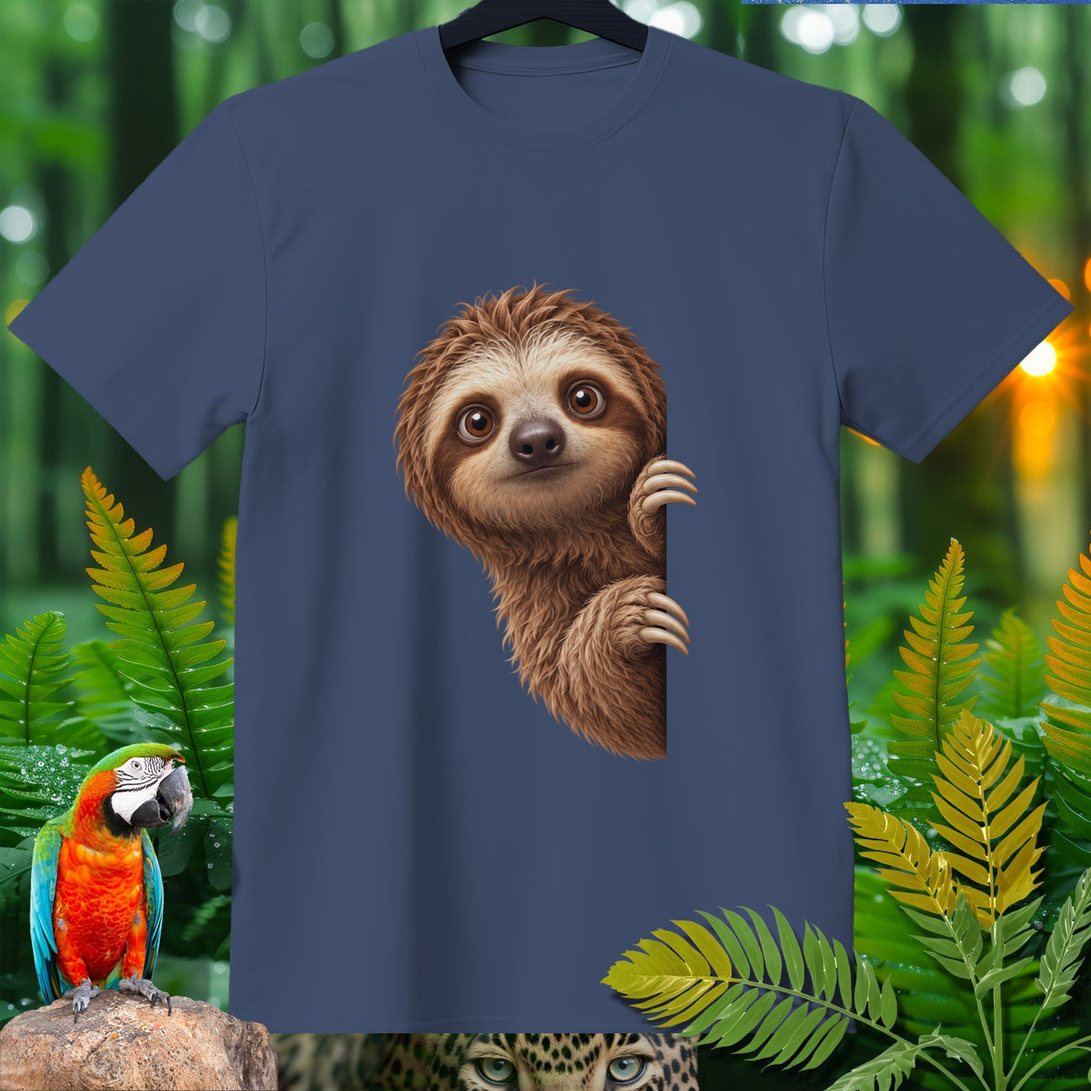 Navy t-shirt with a curious sloth peeking from the side.