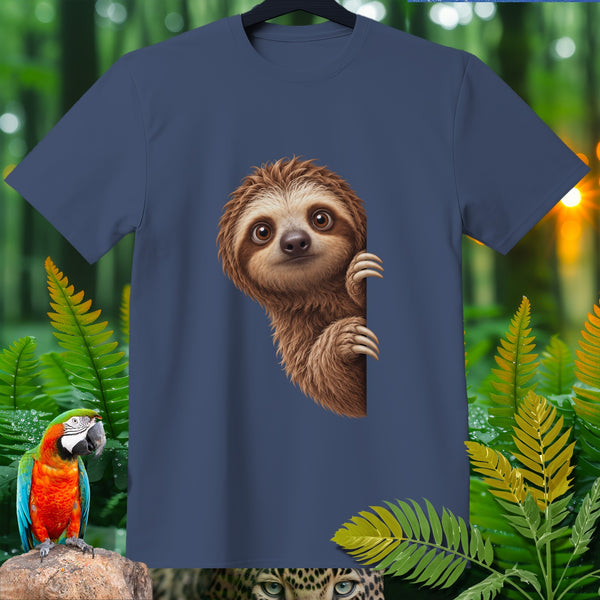Navy t-shirt with a curious sloth peeking from the side.