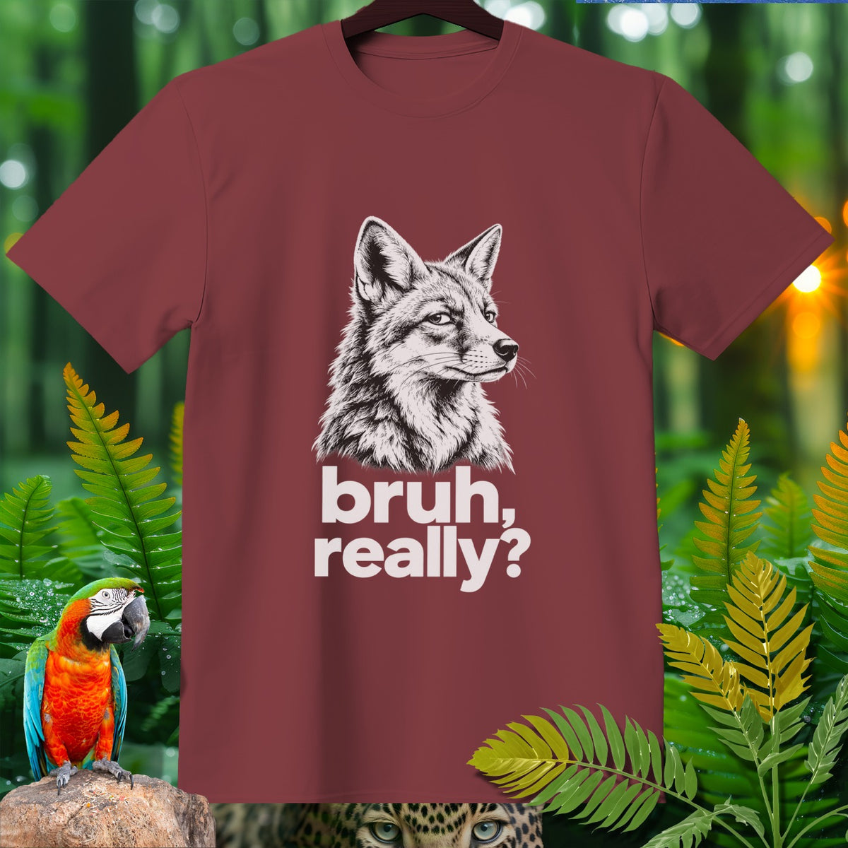 Maroon t-shirt with sketch of fox head and text "bruh, really?".