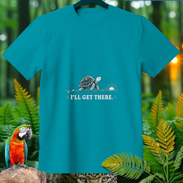 Teal t-shirt with a turtle graphic and the text "I'll Get There."