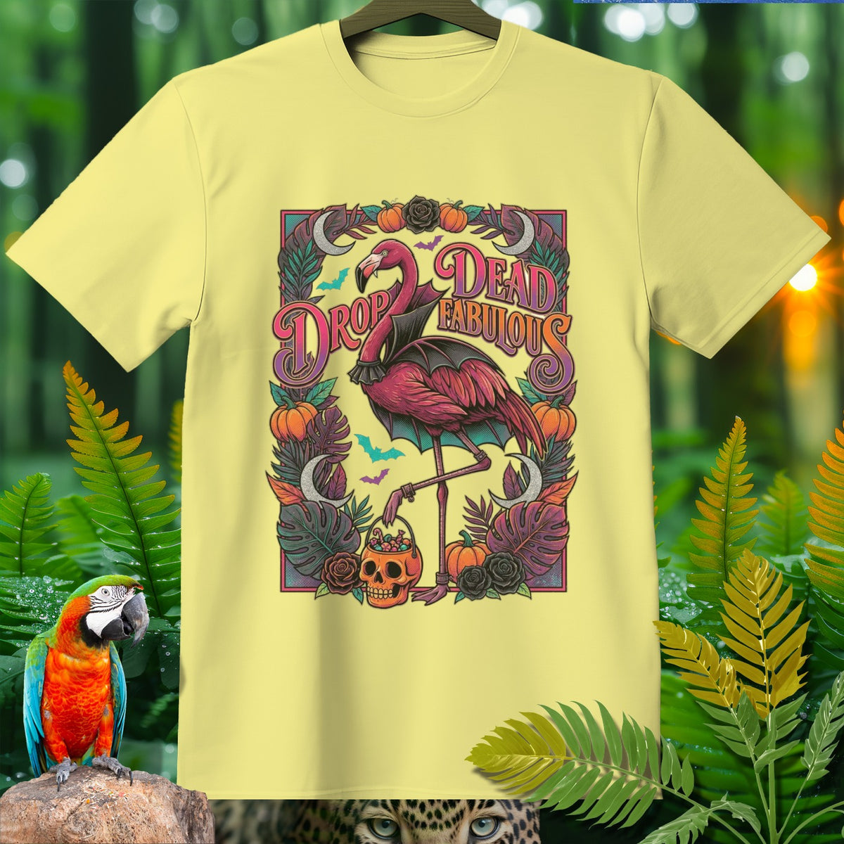 Yellow t-shirt with Halloween flamingo graphic reading "Drop Dead Fabulous."