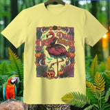 Yellow t-shirt with Halloween flamingo graphic reading 